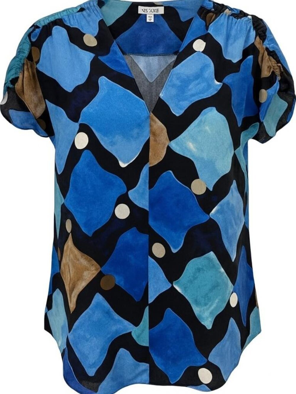 Nic+Zoe Blue Brown Geometric Print Blouse S